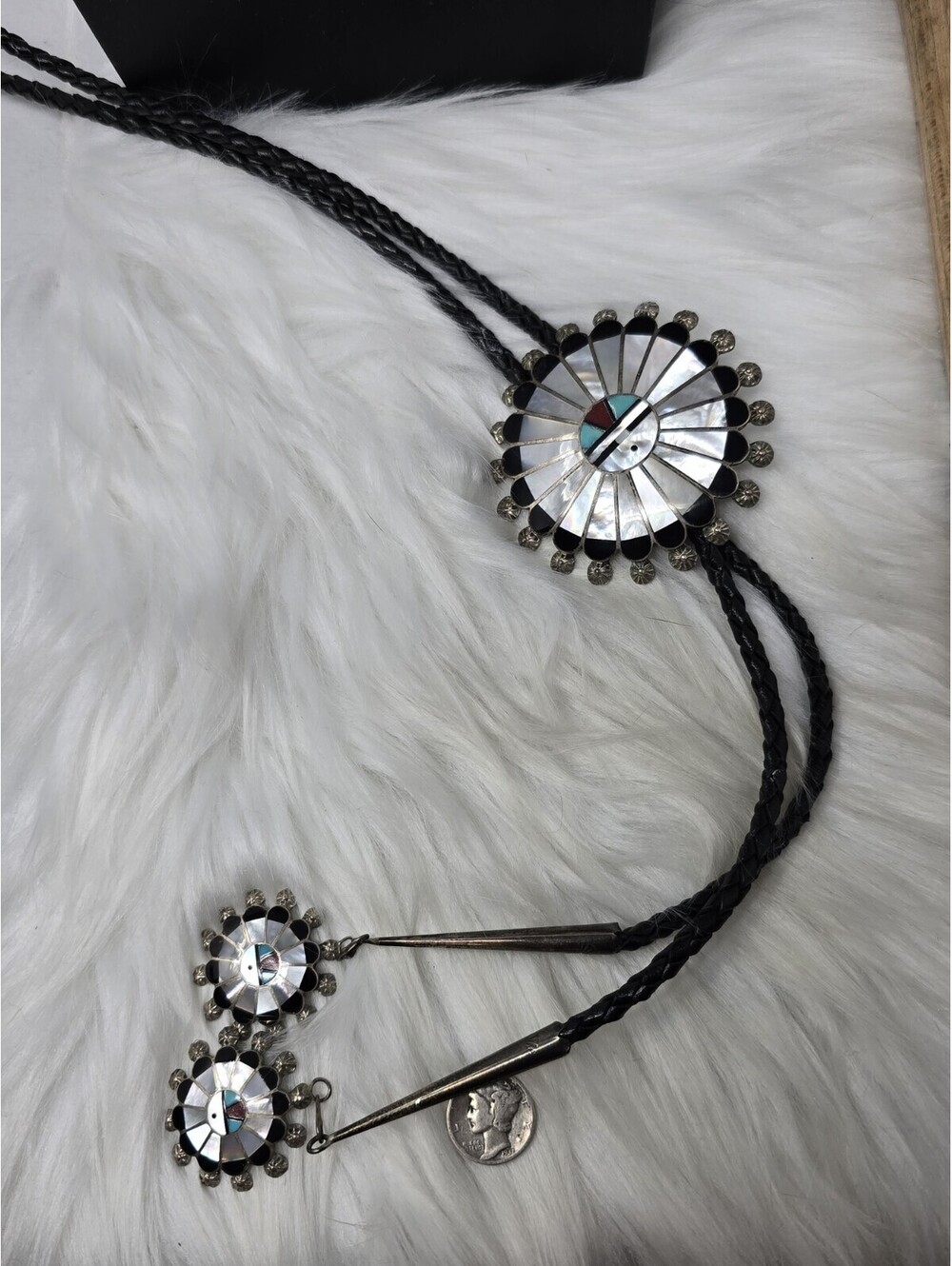 Zuni Abel Soseeah Sterling Silver Sunface Inlay Bolo Tie